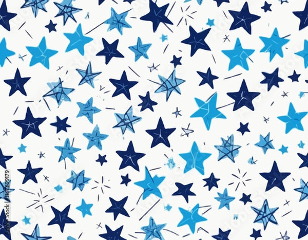 Fototapeta Abstract Minimalist Seamless Pattern in Memphis Aesthetic. Vector Texture with Blue Sparkle Star Shapes and Lines Isolated on White Background