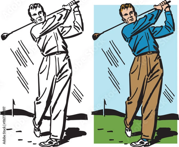 Obraz A vintage retro illustration of a man swinging a golf club at a golf course.