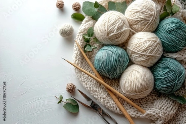 Obraz Recomforting, destressing hobby for cold fall and winter weather using yarn in natural colors