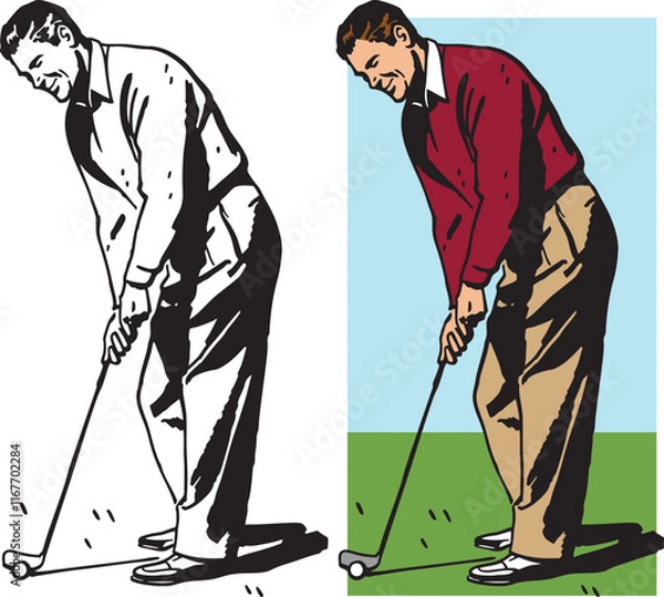 Obraz A vintage retro illustration of a man putting a golf ball at a golf course. 