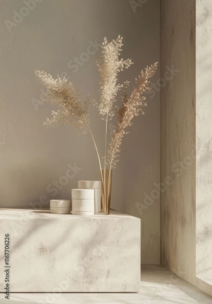 Fototapeta Sleek Minimal Display Podium for Indoor Product and Cosmetic Presentations. Ideal for Elegant Showcases, Beauty Exhibitions, and Stylish Product Launches with a Modern Touch.