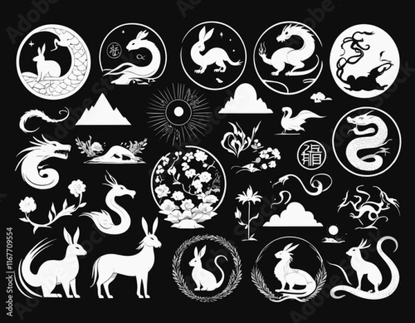 Fototapeta Chinese New Year horoscope animals, 2023 black silhouette rabbit, dragon, snake horse icons set isolated on white. Vector illustration. China zodiac calendar logo, asian lunar astrology signs