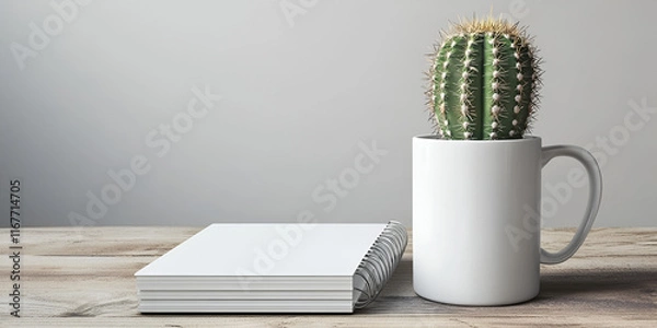 Obraz Cactus in a White Cup on Wooden Table