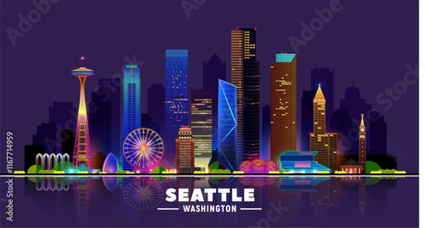 Obraz Seattle Washington night skyline vector illustration. Background with city panorama. Travel picture.