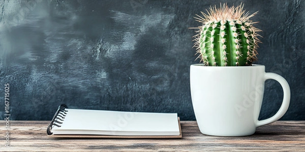 Obraz Cactus in a White Cup on Wooden Table