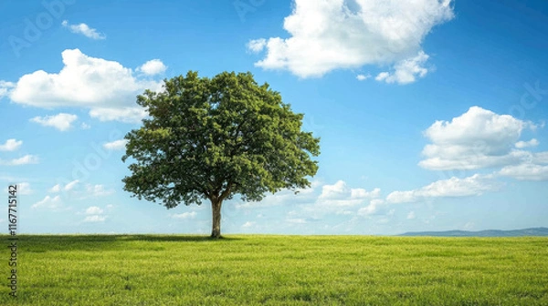 Fototapeta Majestic lone tree in lush green field under a bright blue sky with clouds