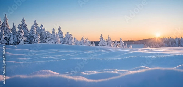 Fototapeta Bright sun shining over snow covered landscape with pine trees