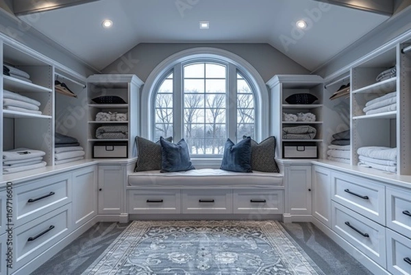 Obraz White Built-In Closet with Black Boxes – Modern Bedroom Design