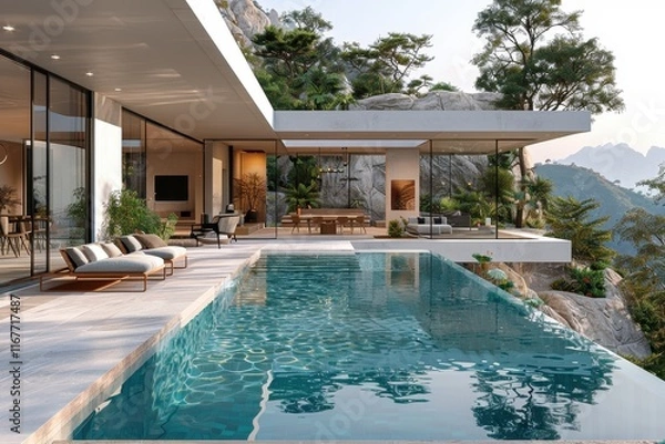 Obraz Modern Villa with Swimming Pool and Mountain View at Sunset – Architectural Rendering