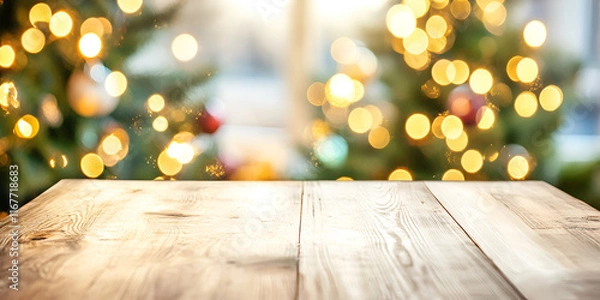 Obraz Wooden Table with Blurred Christmas Market Background