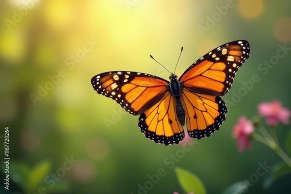 Fototapeta Delicate monarch butterfly soaring through sunny sky with wings spread wide, insect, flight