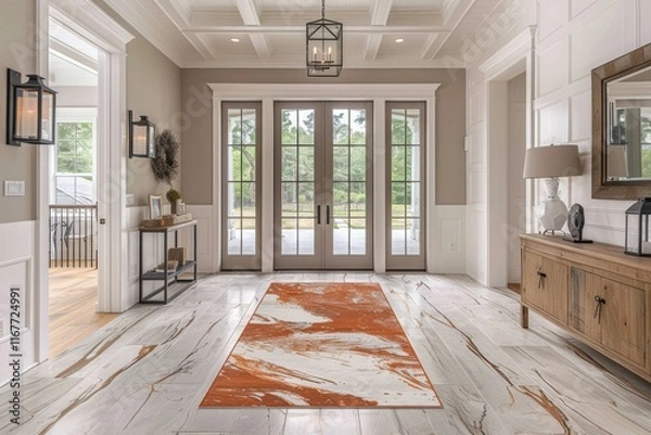 Fototapeta Vibrant White Front Door Foyer with Classic Decor – Modern Home Interior