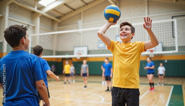 Obraz Students playing volleyball in school gym, joyous teamwork