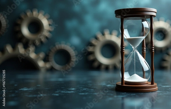 Obraz hourglass with glass on right side, blury gears as background, generative AI