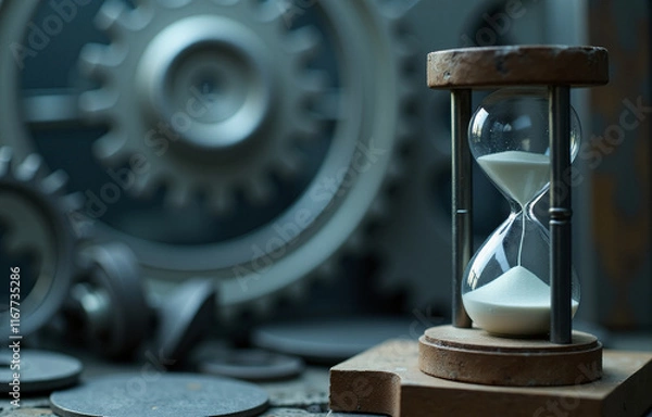 Obraz hourglass with glass on right side, blury gears as background, generative AI