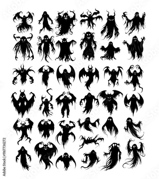 Fototapeta Halloween evil spirit icons black ink vector set. Spooky creepy poltergeist ghost, little scary soaring phantom revenant shade tiny wraith demon specter , isolated vector on white background