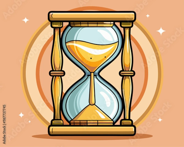 Fototapeta A classic hourglass with golden frames and white sand, displayed on a light peach-colored background.