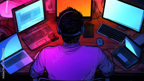 Fototapeta A digital artist works on multi-screen projects amid glowing monitors and tech