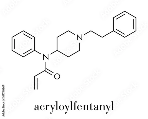 Fototapeta Acrylfentanyl synthetic opioid molecule. Skeletal formula.