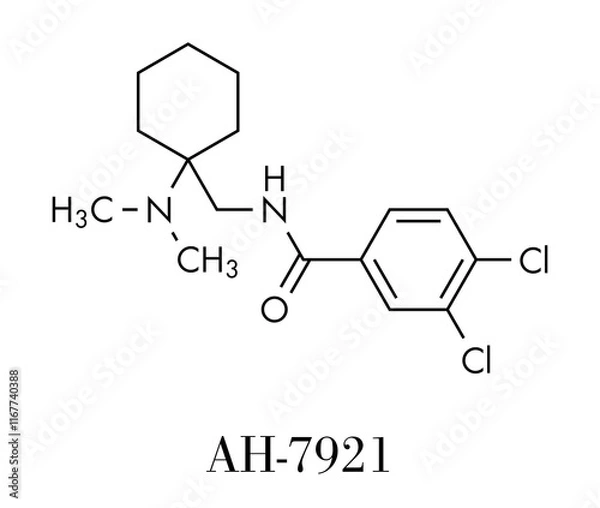 Obraz AH-7921 opioid analgesic drug molecule. Skeletal formula.