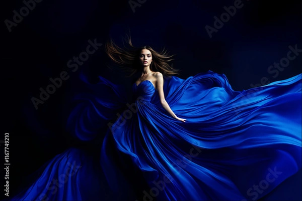 Fototapeta Woman in a flowing blue dress creates a captivating visual display against a dark background