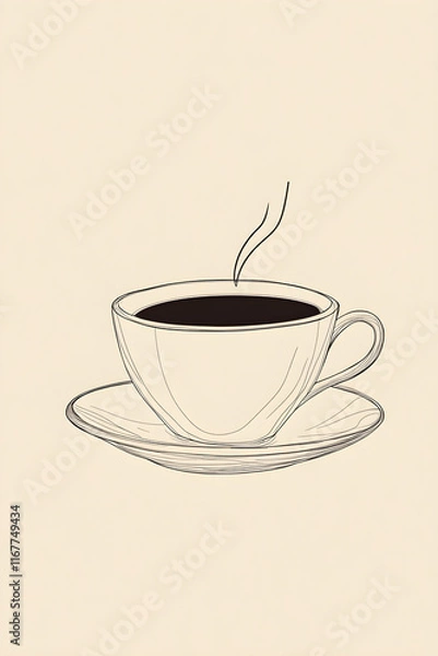 Fototapeta Elegant Minimalist Illustration of Thin-Lined Coffee Cup and Saucer Evoking Calm Simplicity and Sophisticated Design