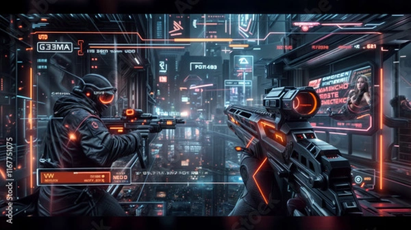 Obraz Video game mockup first person shooter gameplay war. Cover game or shooter