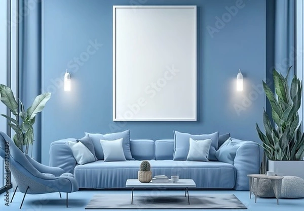 Fototapeta A blue living room with an empty white poster frame on the wall, creating a serene and stylish atmosphere for advertising mockups. 