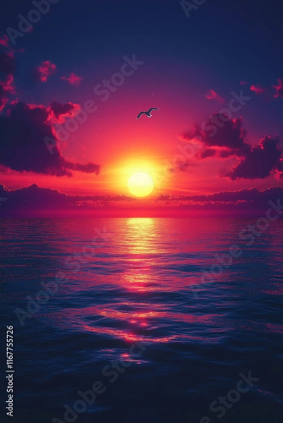 Fototapeta Photo réaliste professionnelle d’un coucher de soleil serein sur un océan calme avec un ciel vibrant et un goéland solitaire à l’horizon
