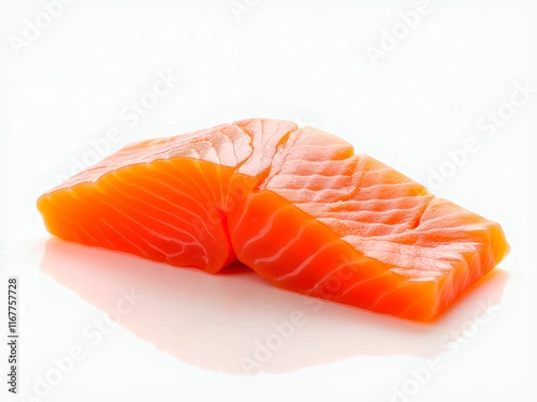 Fototapeta A single piece of rectangular salmon sushi, showcasing visible layers and pinkish-orange raw salmon color The thin white membranes suggest precise slicing technique Reflective su - Generative AI