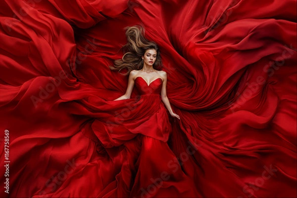 Fototapeta Elegant woman in a flowing red dress surrounded by vibrant fabric on a dramatic backdrop