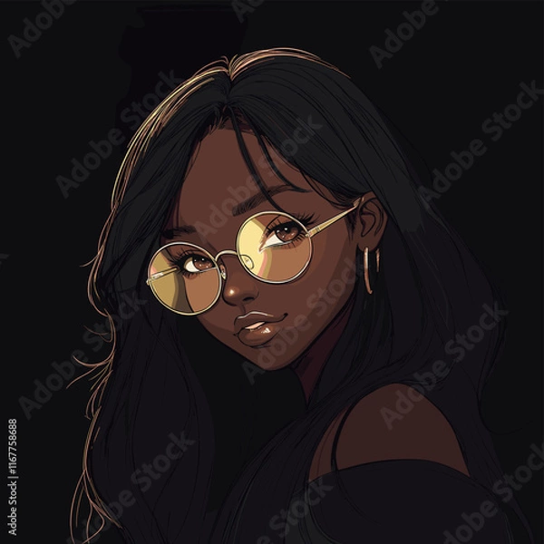 Fototapeta A young woman with long, flowing black hair and round golden glasses is posing, showcasing her confident expression. The dark background adds depth and focus on her features.