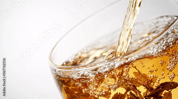 Obraz A golden stream of tea pouring into a tilted glass cup with bubbles forming and a warm glow emphasizing its freshness and warmth
