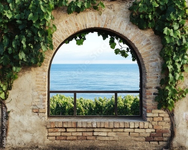 Fototapeta Arched Window Overlooking Vineyard: A Blend of Architecture and Nature with Brick Facade and Grapevine
