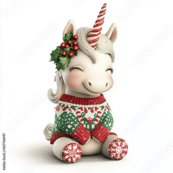 Obraz Festive Christmas Unicorn with Candy Cane Horn and Cozy Holiday Sweater 
