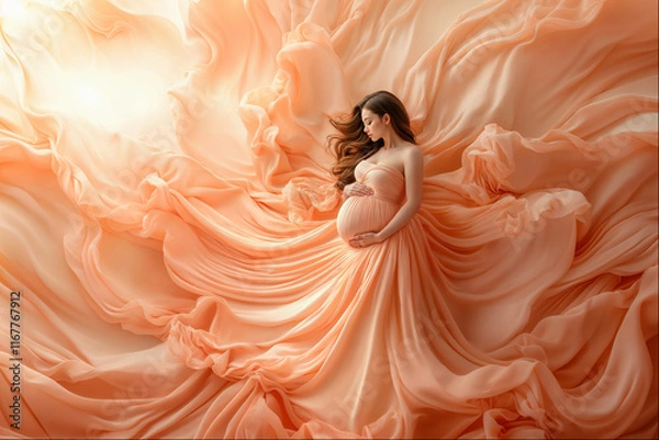 Fototapeta Elegance in peach: a pregnant woman surrounded by flowing fabric in a serene, artistic setting
