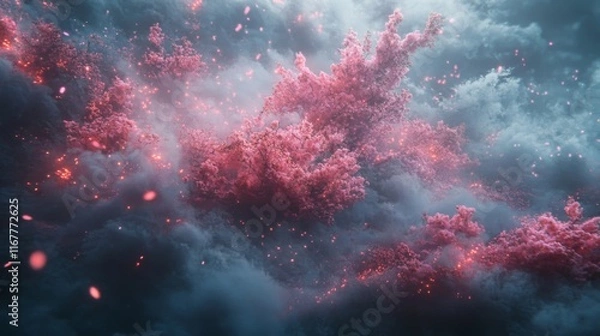 Fototapeta Pink Blossoms Ignite In A Smoky Celestial Scene