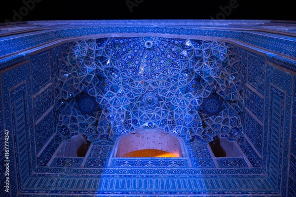 Obraz The Jāmeh aka jame Mosque of Yazd beautiful persian architecture with mosaic tile work ceramic geometric shapes minarets islamic architecture at night 