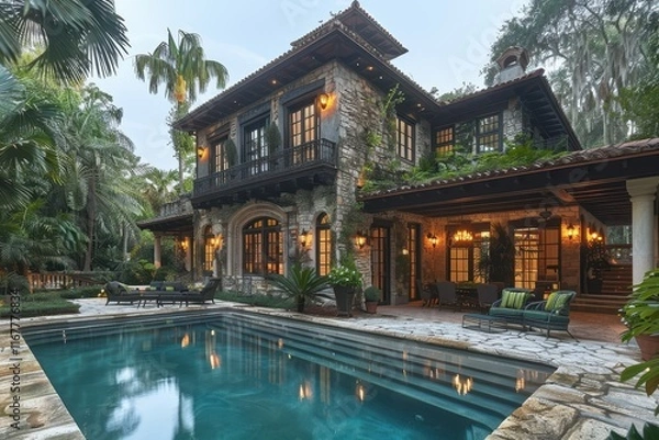 Fototapeta Luxury Miami Home with Pool – Spanish Colonial and Modern Architecture