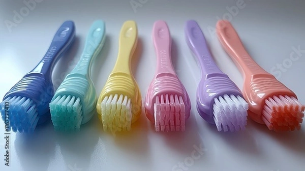 Fototapeta Six pastel-colored cleaning brushes with soft bristles arranged in a row.