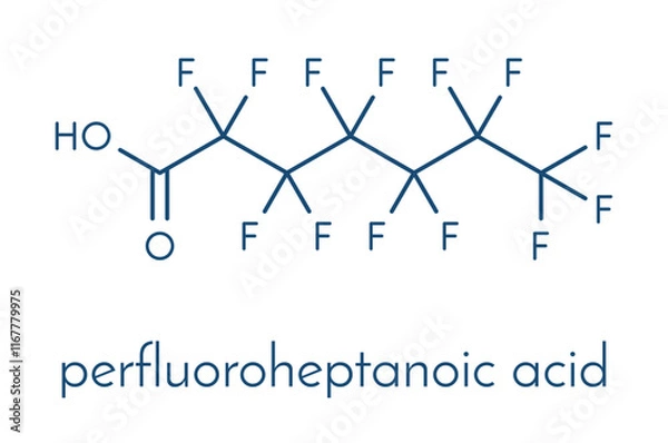 Fototapeta Perfluoroheptanoic acid (PFHpA) PFAS molecule. Skeletal formula.