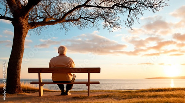 Fototapeta An elderly person sitting on a wooden bench under a large tree, gazing at the distant ocean.