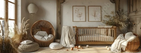 Fototapeta Scandinavian Style Children's Room with Wooden Crib and Toys – 3D Rendering Mockup