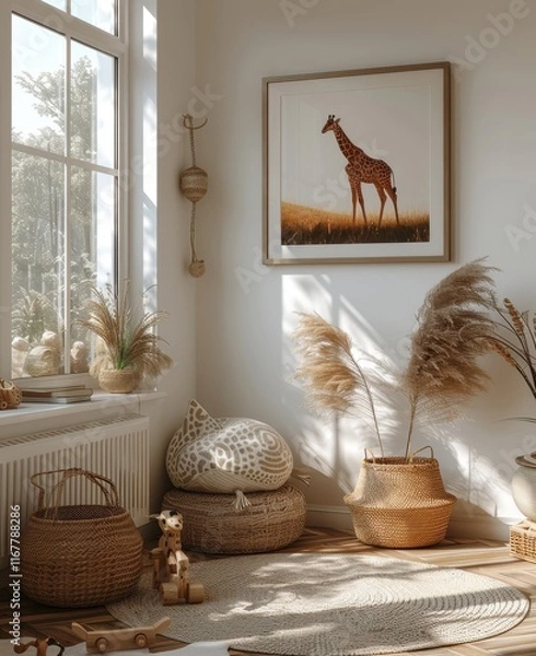 Obraz Children's Room with White Wall, Wooden Toys, and Boho Carpet – Frame Mockup Design