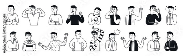 Fototapeta Big doodle collection of people facial expressions. Happy man, sad, shocked, scared, laughing etc. Outline, hand drawn sketch, black and white ink style.