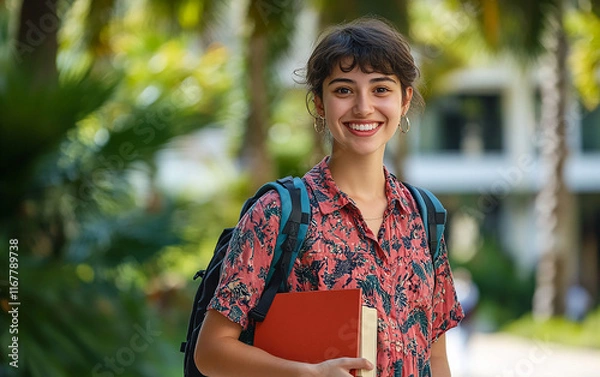 Fototapeta University female student with a backpack and books in hand, smiling excitedly about her study abroad journey. Ready for adventure, with a modern campus building in the background.

