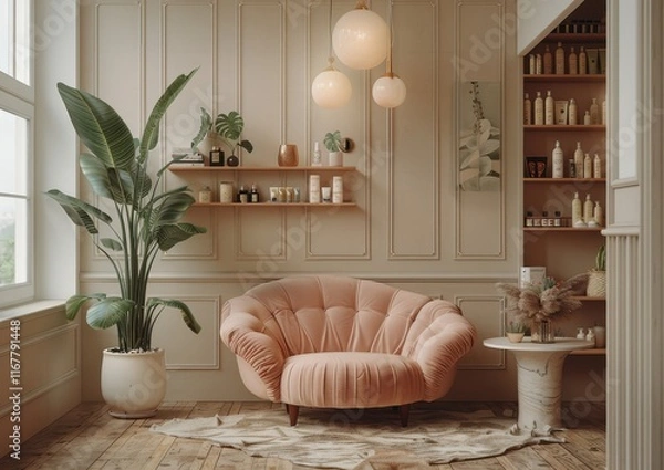 Obraz Wide Shot of a Boho Modern Interior Design Studio with Velvet Couch and Warm Tones