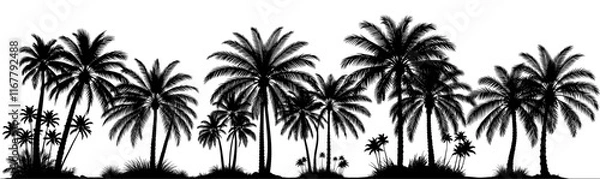 Fototapeta Black Palm Trees Silhouette, Tropical Landscape Horizontal Border, Palms Forest Vector Clipart. Generative AI
