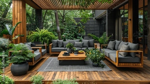 Fototapeta Wooden Terrace with Modern Garden Furniture and Lush Plants