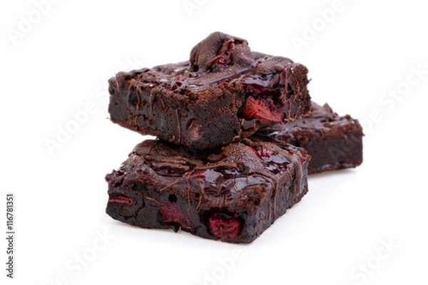 Fototapeta Delicious vegetarian brownie with cherries isolated on white bac
